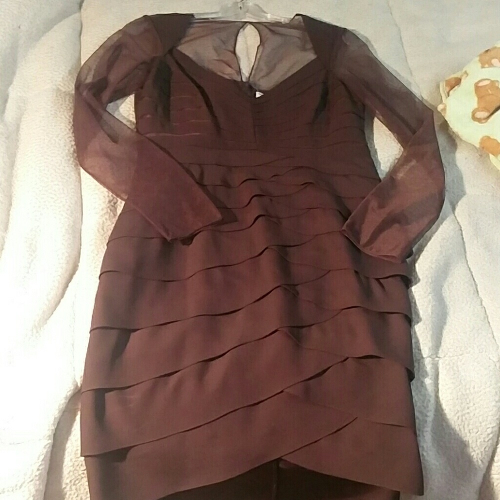 Tiered brown cocktail dress with sheer sleeves and